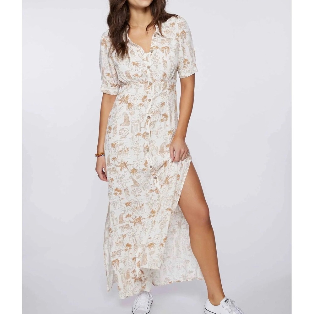 ONeill Tropical Safari Print Button Front Maxi Dress‎ | White Medium NWT travel